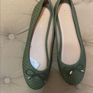 WANTED Olive Green Woven Ballet Flats with Bow and Gold Accents